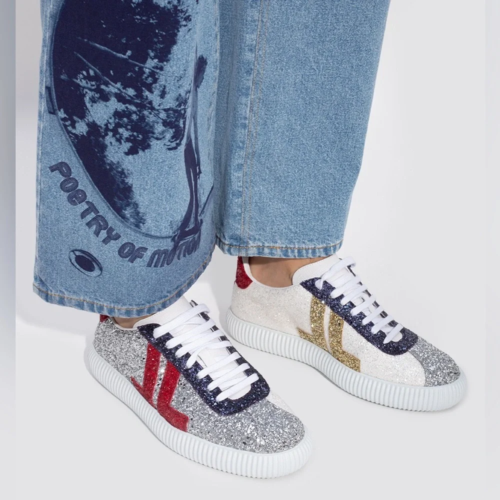 LANVIN GLEN LOW TOP SNEAKERS - SILVER/RED